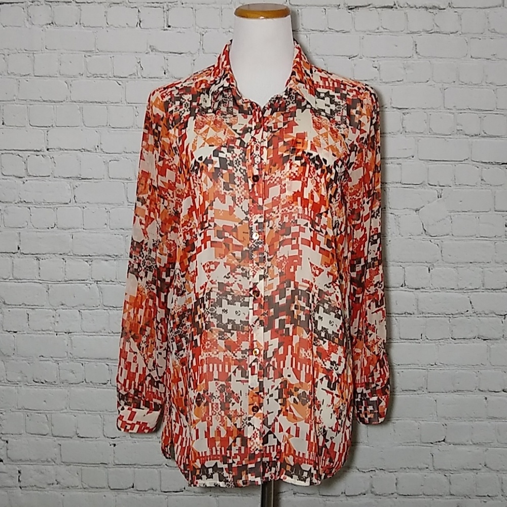 J. Jill Button Down Blouse M Red Brown Orange